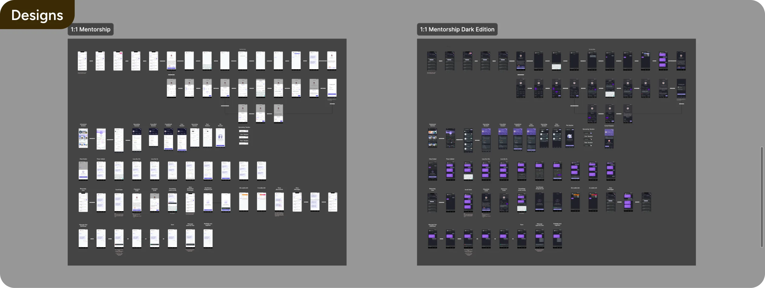 Designs board: 1:1 Mentorship and 1:1 Mentorship Dark Edition screen flows