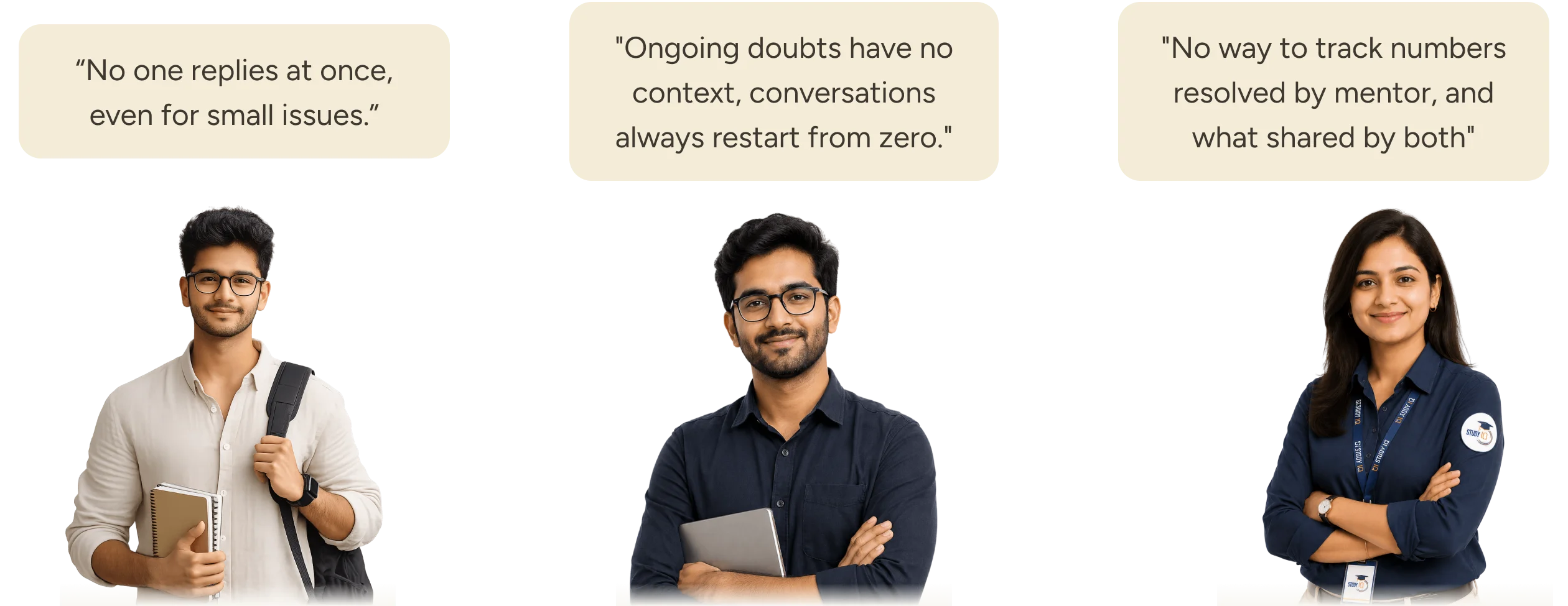 Student and mentor personas with verbatim research quotes about unresolved doubts